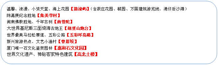 圓角矩形: 溫馨、浪漫、小資天堂、海上花園【鼓浪嶼】（含菽莊花園、毓園、萬國建筑游覽線、港仔后沙灘）
陳嘉庚紀(jì)念勝地【集美學(xué)村】
閩南佛教勝地、千年古剎【南普陀】
大世界基尼斯三面倚海古炮王【胡里山炮臺】
世界最美馬拉松賽道、五彩公路【五彩環(huán)島路】
新興旅游熱點、文藝小漁村【曾厝垵】
廈門唯一石文化鑒賞園林【惠和石文化園】
世界文化遺產(chǎn)、神秘客家特色建筑【高北土樓】
